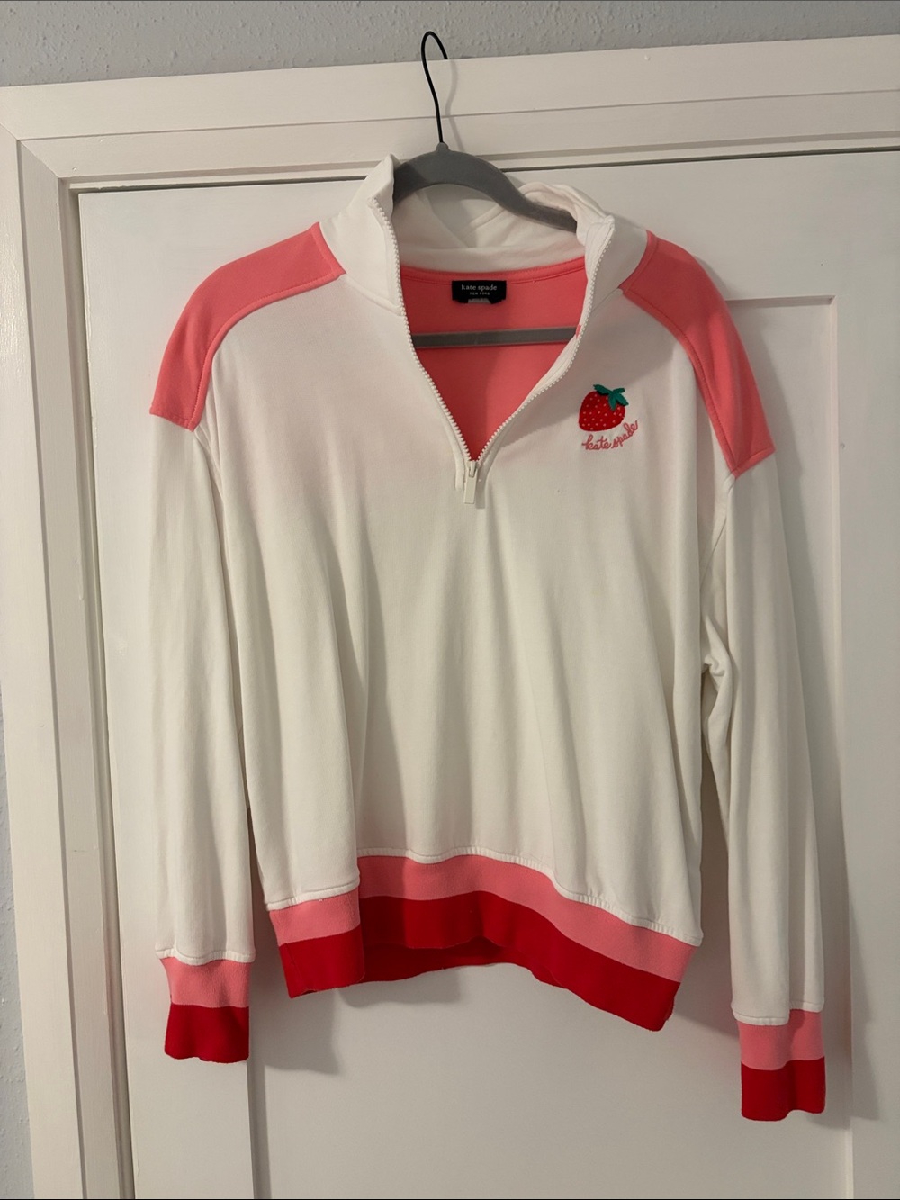 kate spade White, Coral & Red Strawberry Half-Zip Sweater size